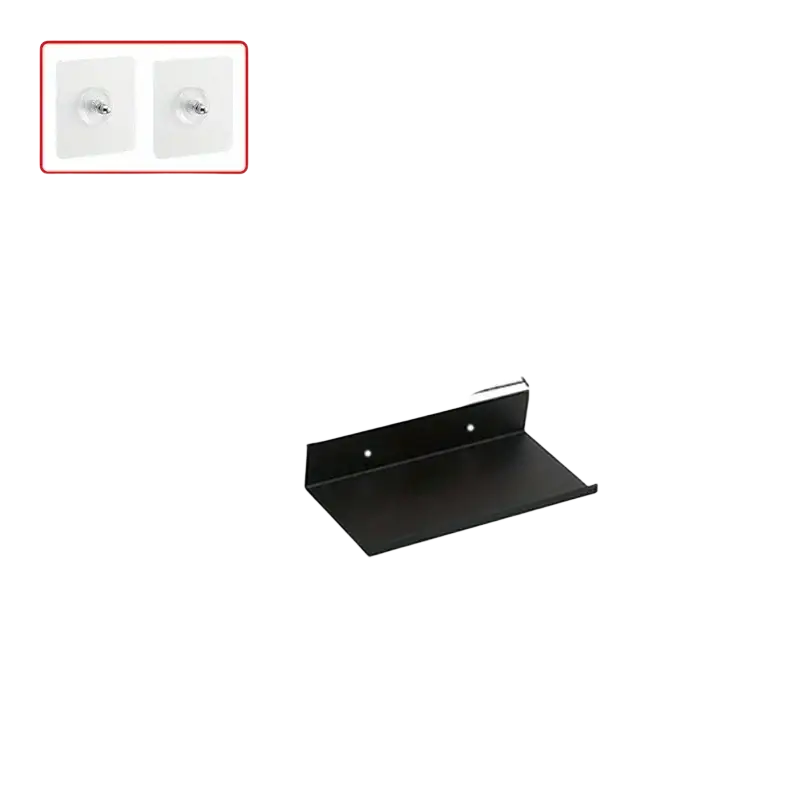 Black aluminum alloy wall mounted floating shelf with two punch free adhesive stickers for easy mounting
