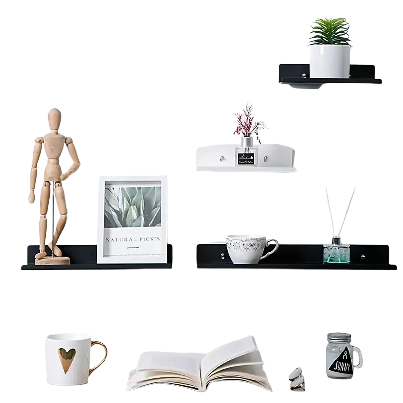 Black aluminum alloy wall mounted floating shelf matte black with white and black decorative items mounted type