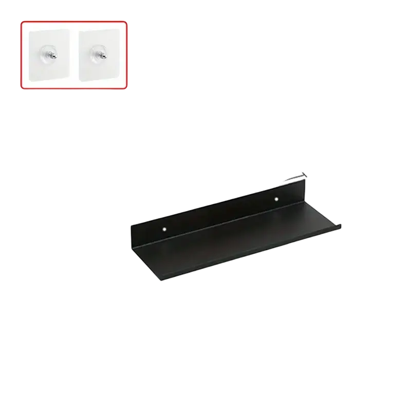 Black aluminum alloy wall mounted floating shelf with punch free adhesive stickers for sleek minimalist mounting type