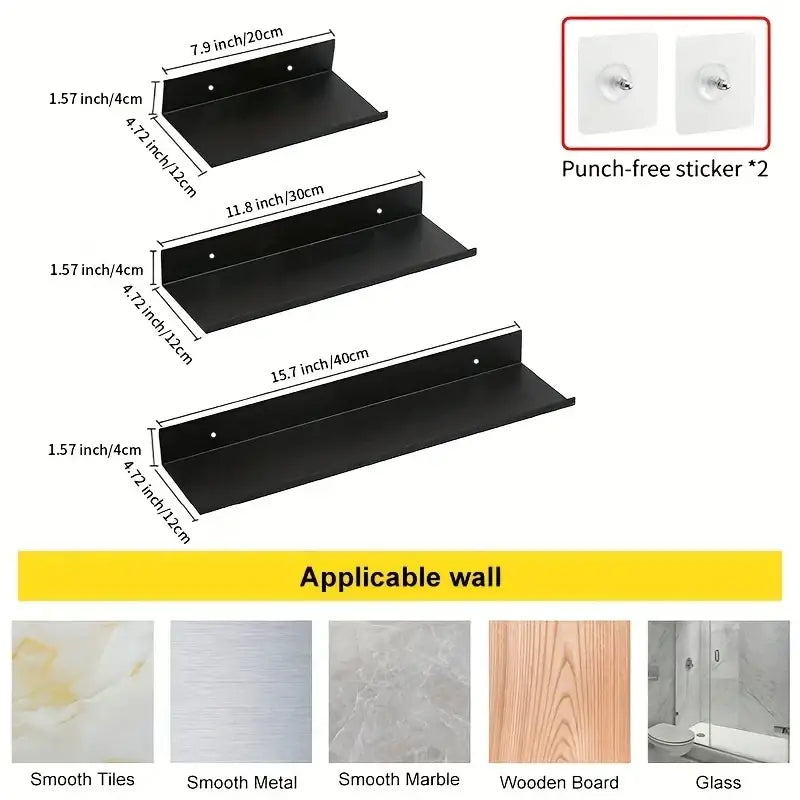 Black aluminum alloy wall mounted floating shelves in three sizes with minimalist design and pre-drilled holes for easy mounting