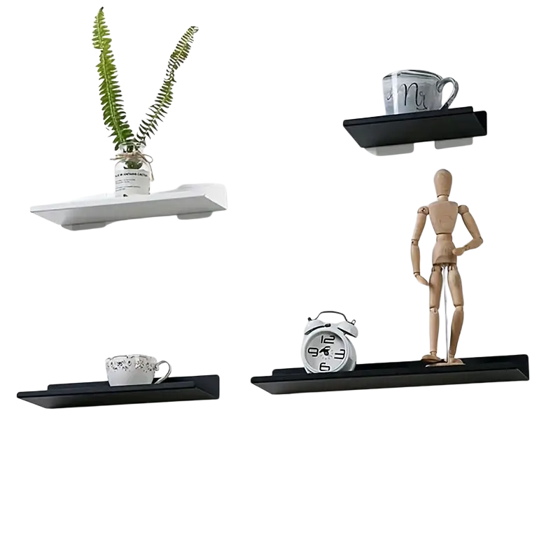 Black matte aluminum alloy wall mounted floating shelves in an asymmetrical minimalist wall mounted type design
