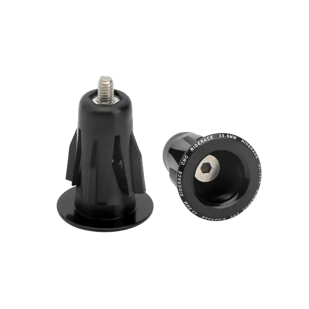 Black riderace 23.5mm aluminum bicycle handlebar end cap with threaded screw and machined logo details back side view