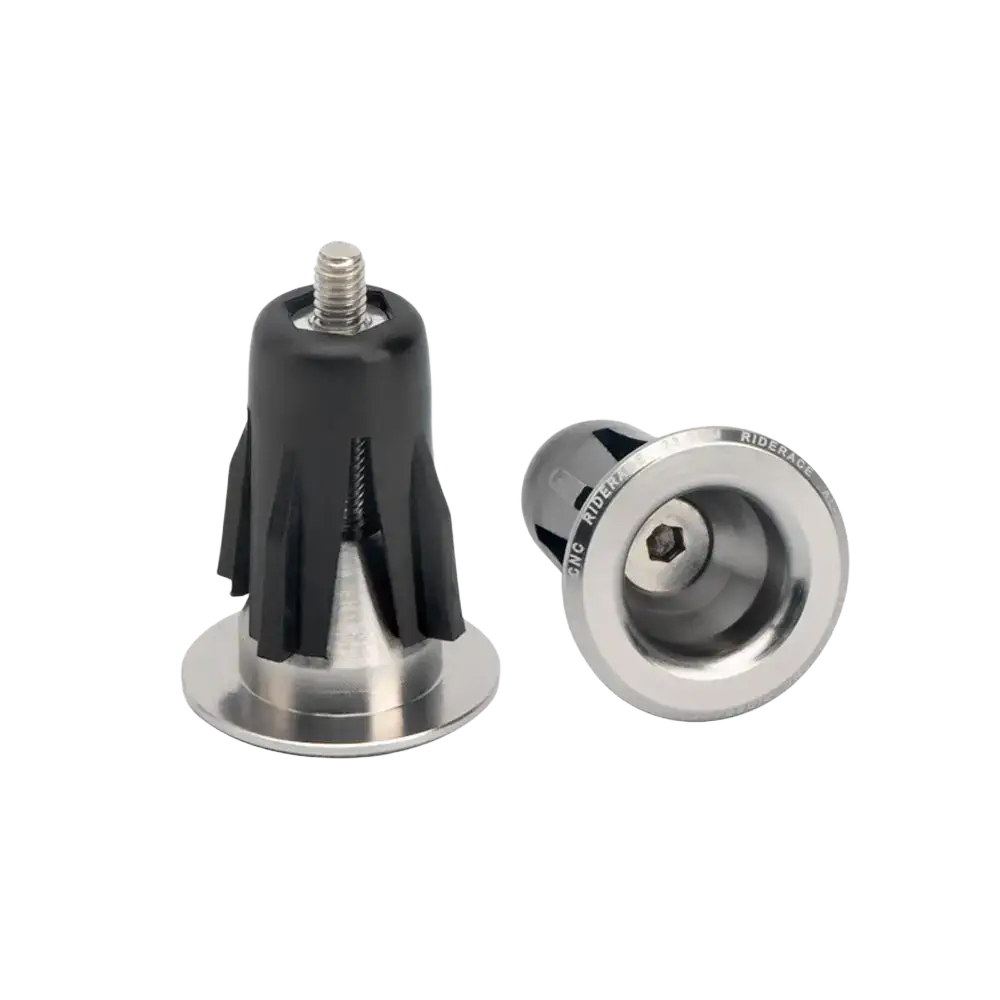 Aluminum bicycle handlebar end plugs pair in black and silver with sleek modern design shown from back side