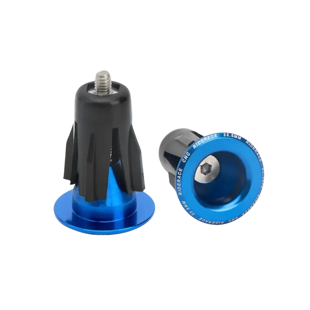 Aluminum bicycle handlebar end plugs pair in blue and black cnc-machined with threaded screw for secure mounting