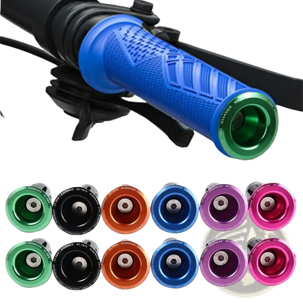 Blue and green aluminum bicycle handlebar end plugs pair with textured grip design for secure handlebar finish