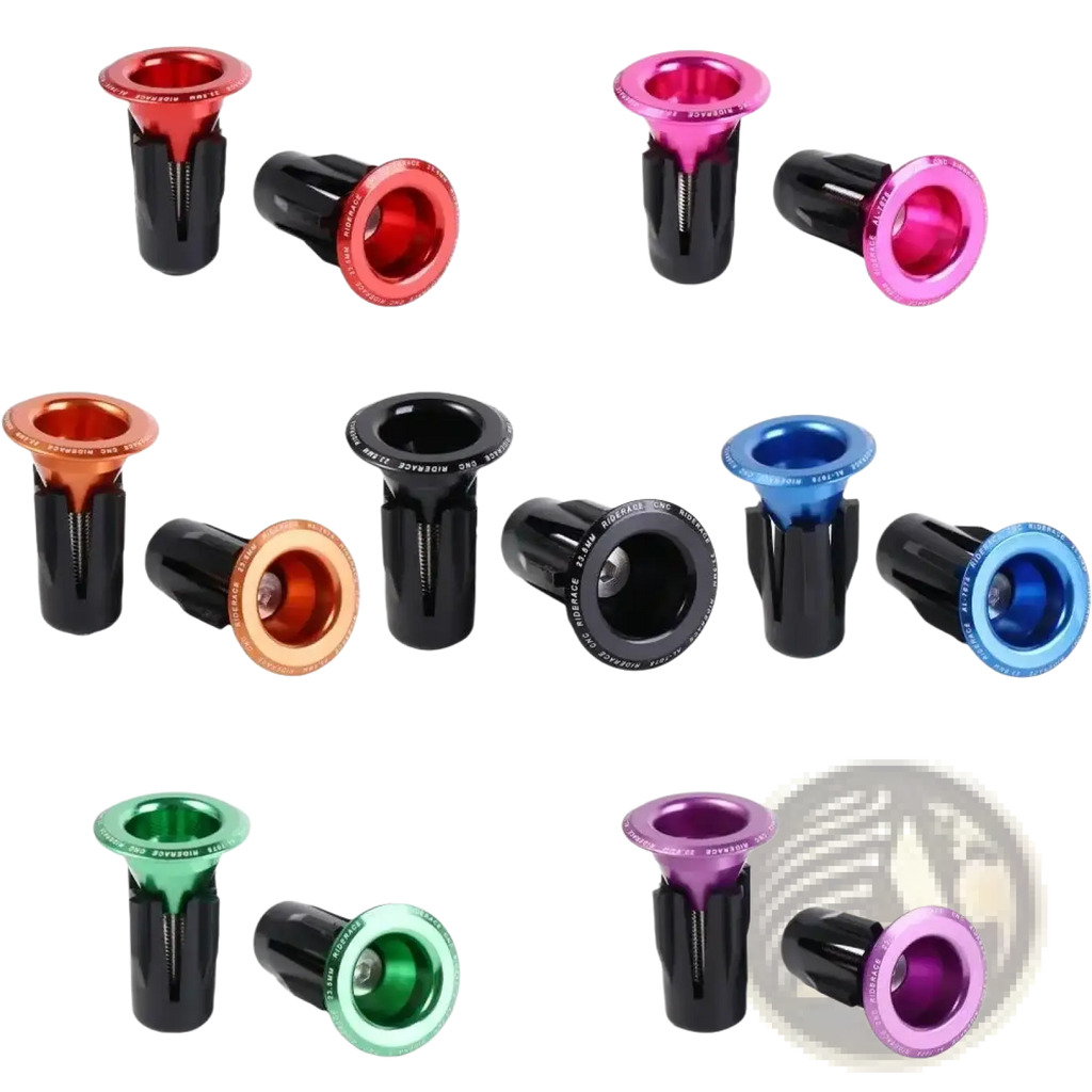 Aluminum bicycle handlebar end plugs pair with colorful aluminum caps and black rubber grips for enhanced control and comfort
