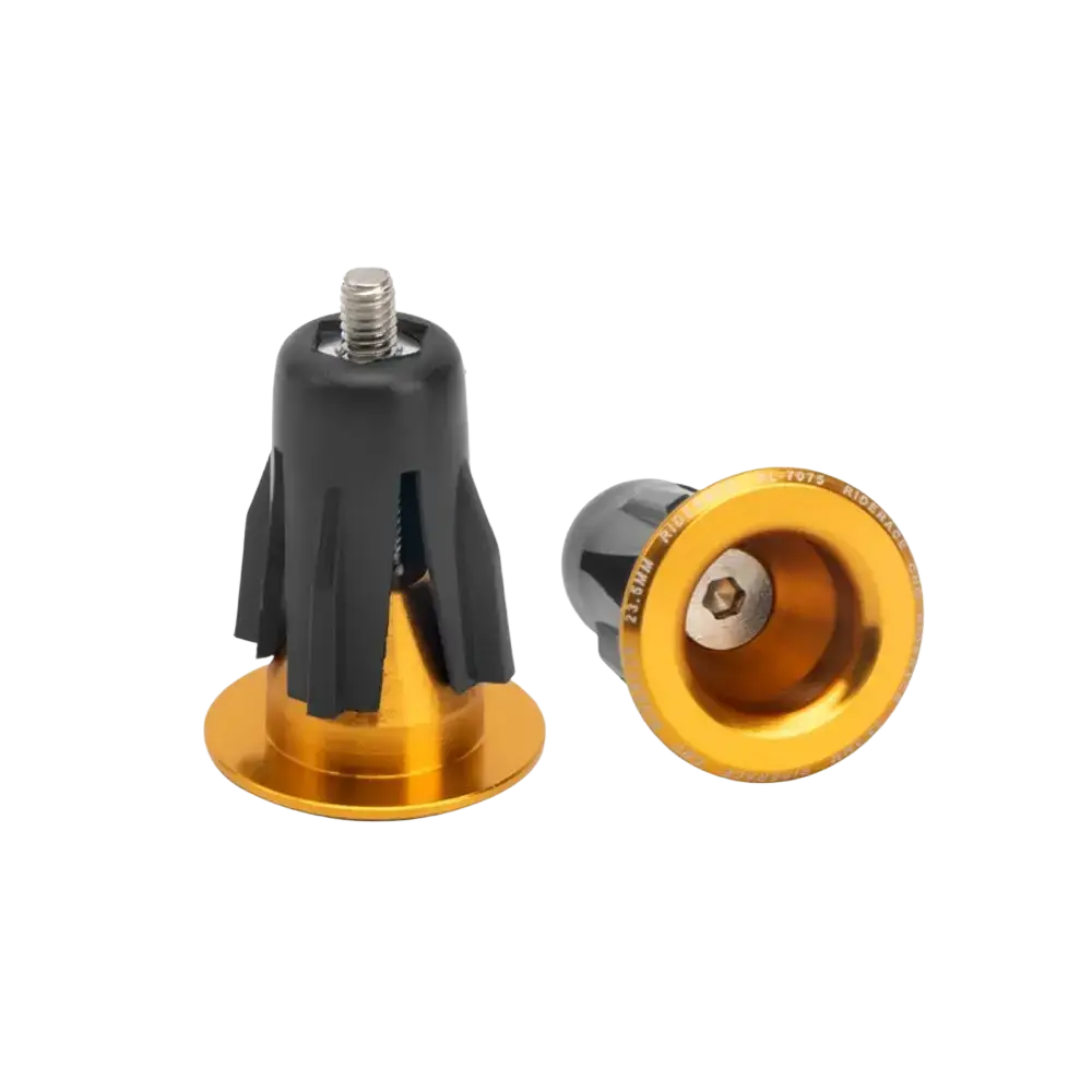 Aluminum bicycle handlebar end plugs pair in gold and black with threaded screw design shown from backside