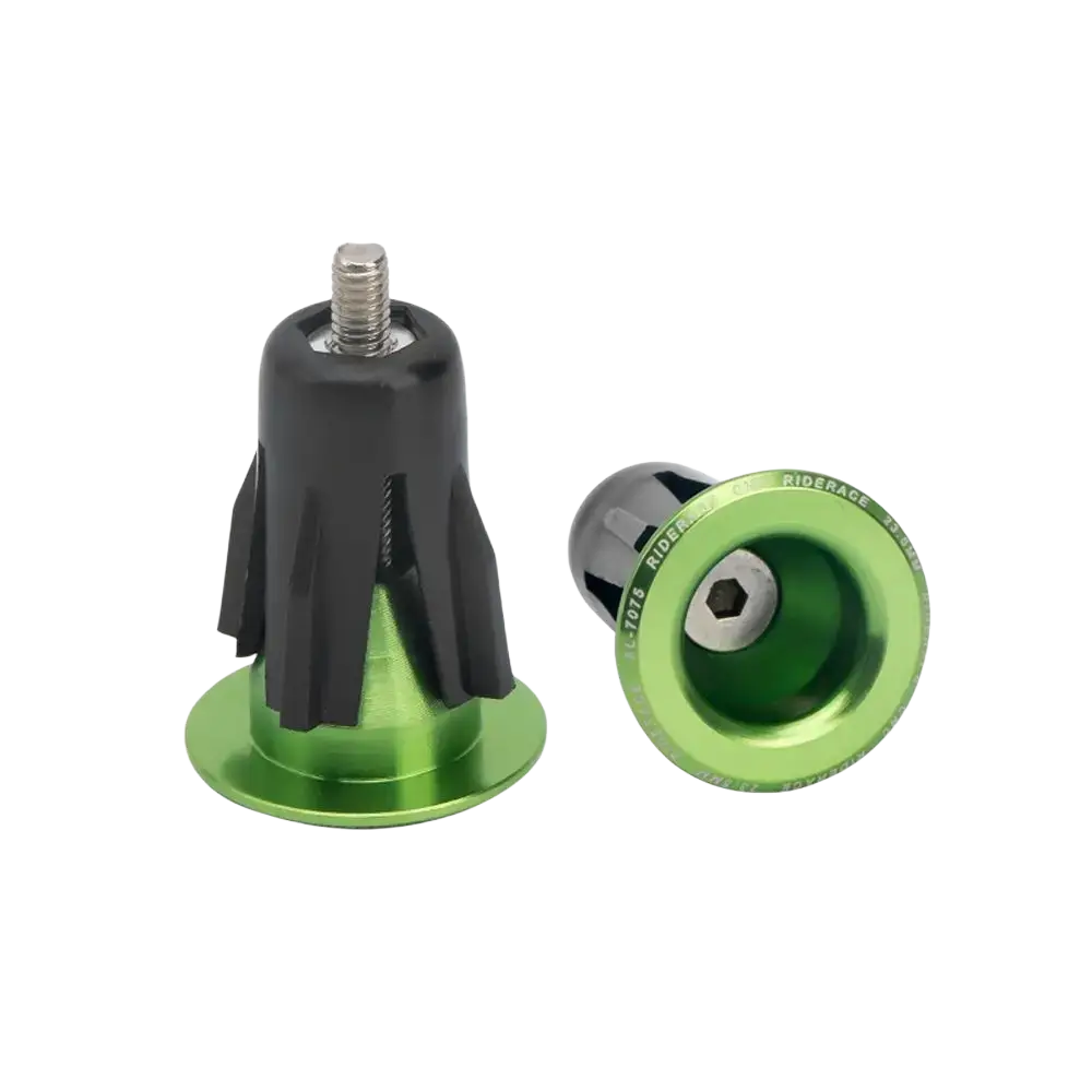 Aluminum bicycle handlebar end plugs pair in green and black with metallic finish shown from the back side