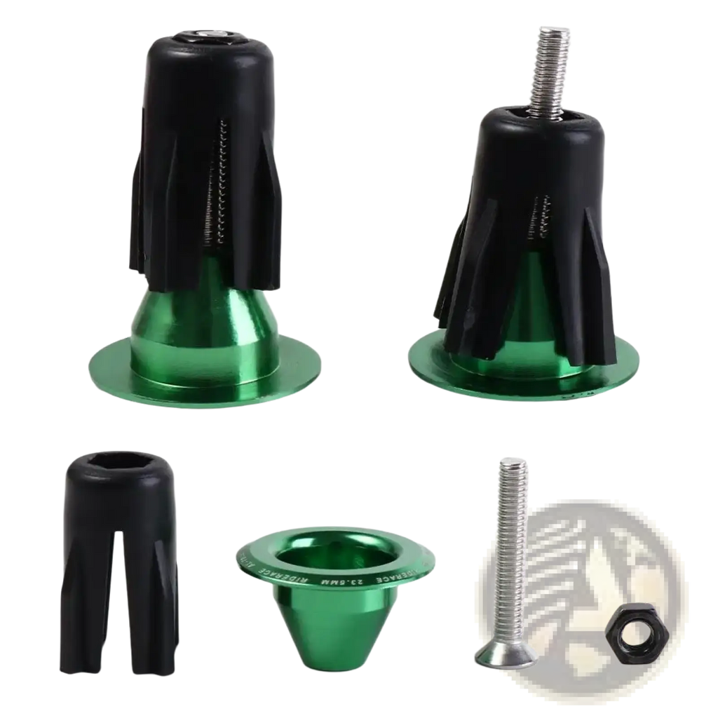 Aluminum bicycle handlebar end plugs pair in green and black with metallic finish shown from the backside