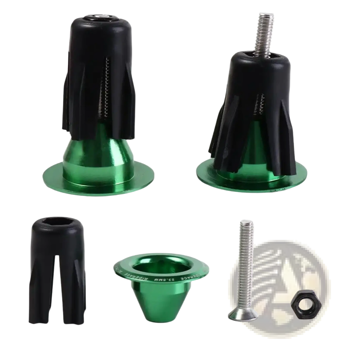 Aluminum bicycle handlebar end plugs pair in green and black with metallic finish shown from the backside