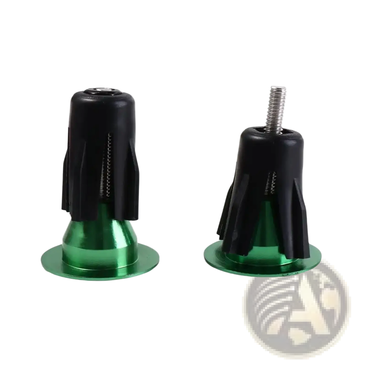 Aluminum bicycle handlebar end plugs pair with green metallic finish and black rubberized grips for secure handlebar ends