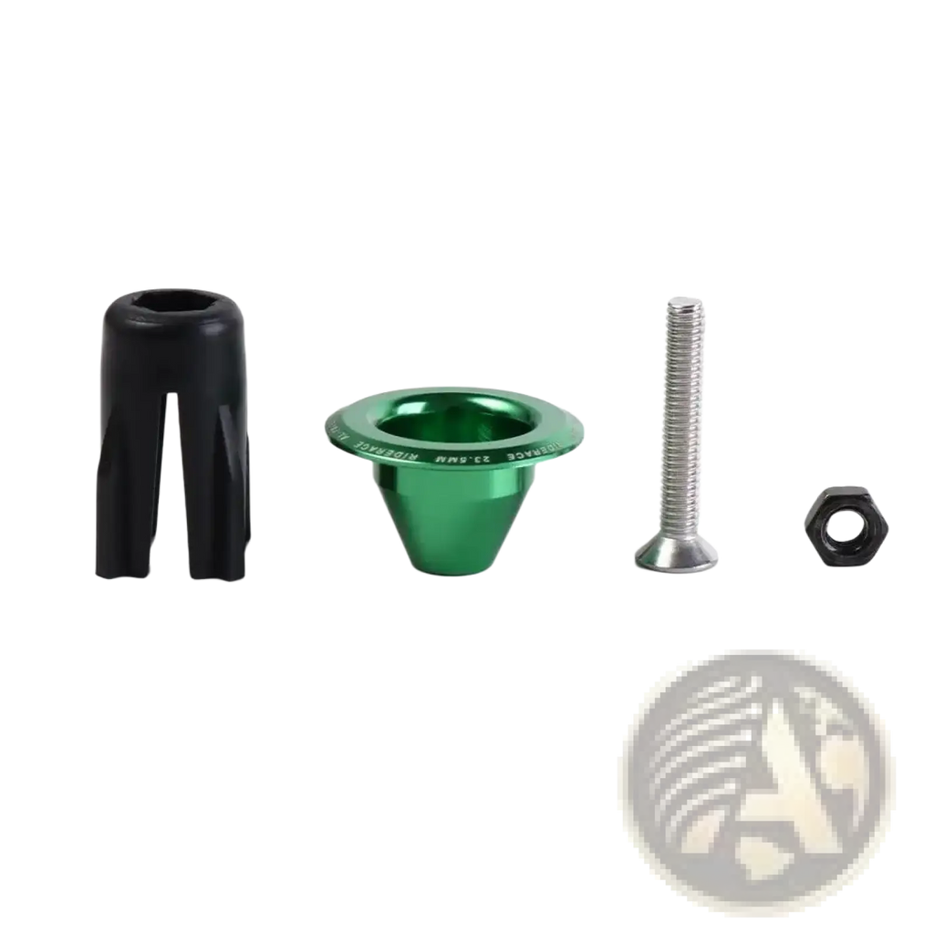 Green metallic aluminum bicycle handlebar end plug cone-shaped for secure grip and handlebar protection