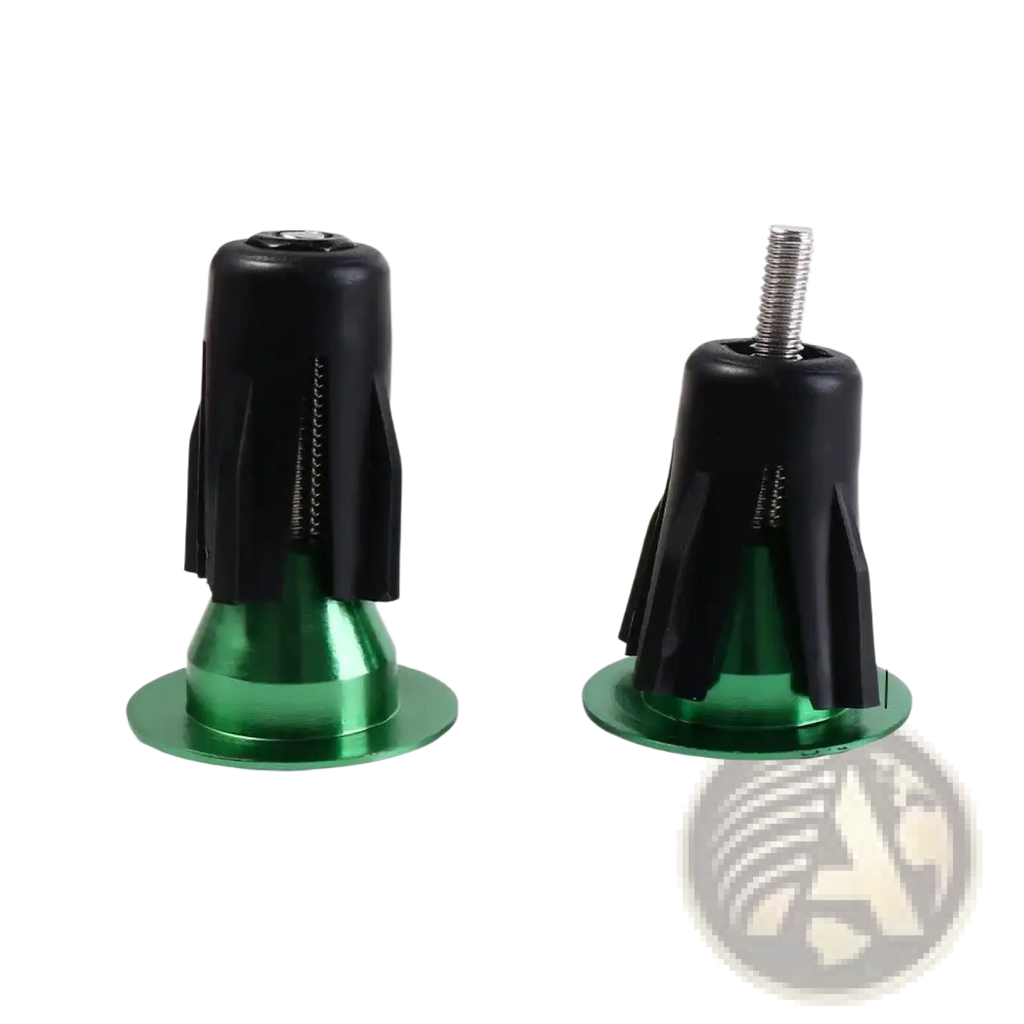 Aluminum bicycle handlebar end plugs pair with green metallic caps black rubber grips and threaded metal stems