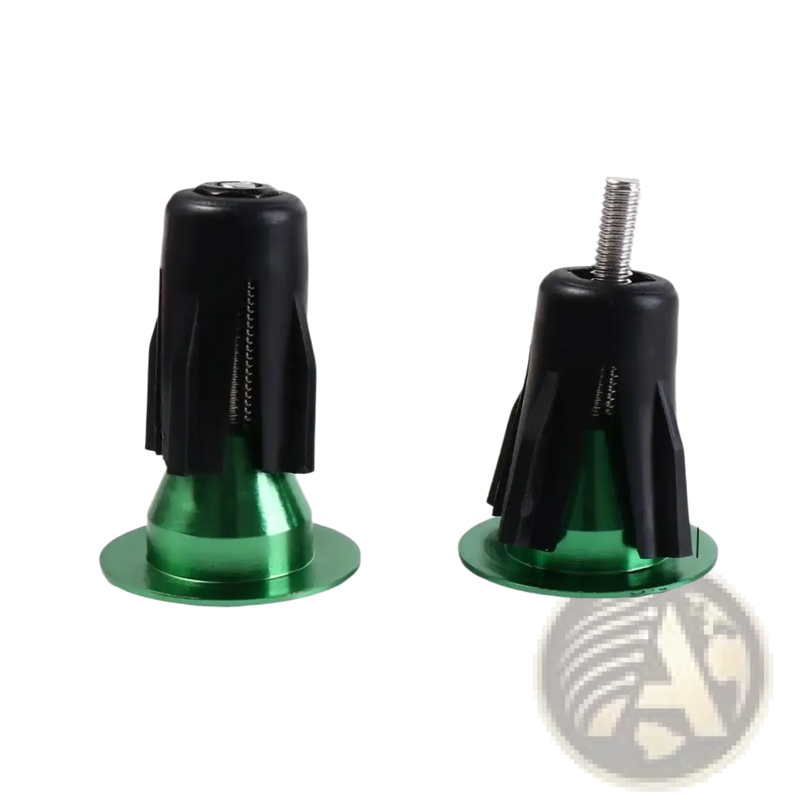 Aluminum bicycle handlebar end plugs pair with green metallic caps black rubber grips and threaded metal stems