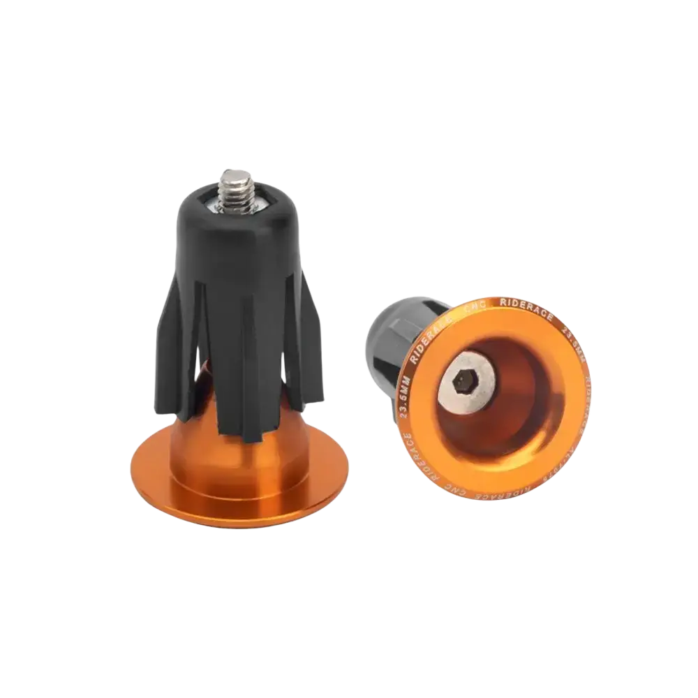 Aluminum bicycle handlebar end plugs pair with orange and black metallic finish shown from the back side