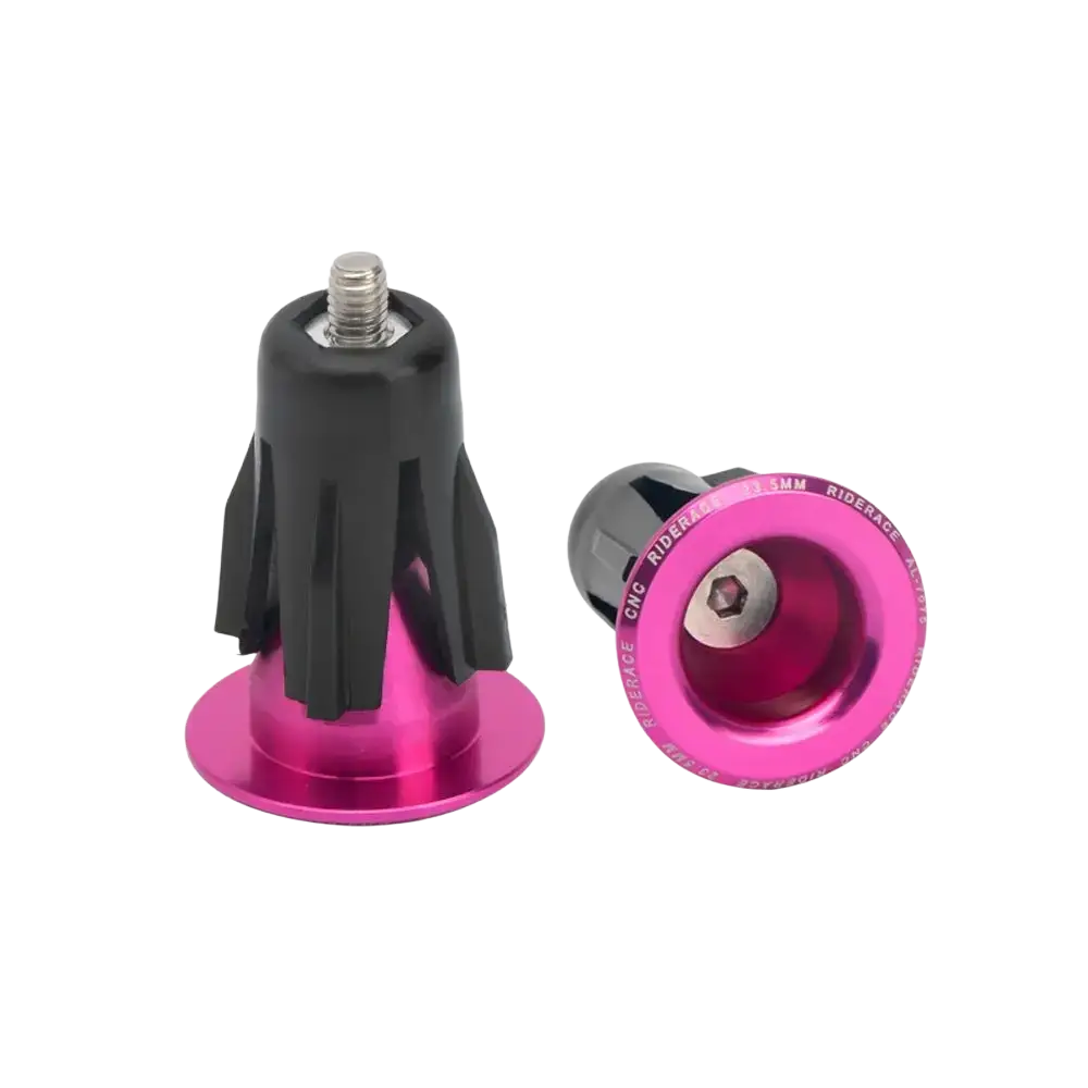 Aluminum bicycle handlebar end plugs pair in pink and black with metallic finish shown from the back side