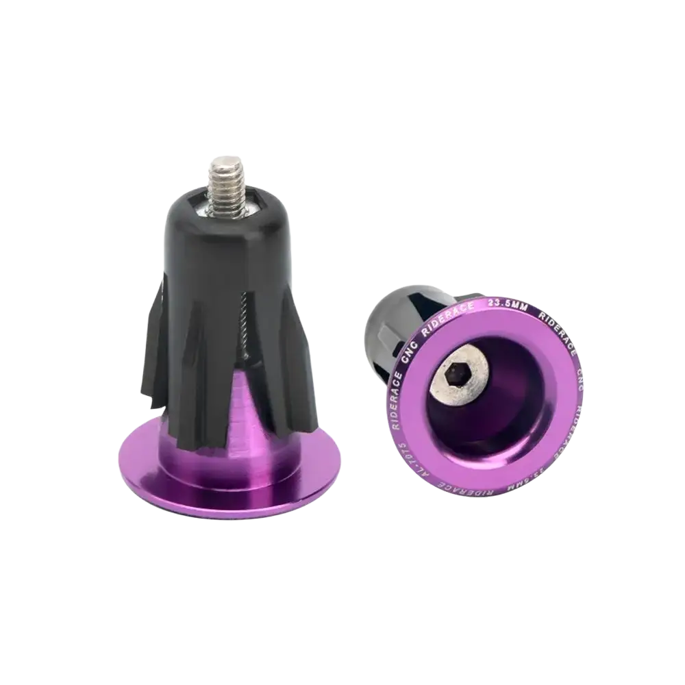 Aluminum purple and black cnc-machined bicycle handlebar end plugs pair with 33.5mm diameter and riderace engraving