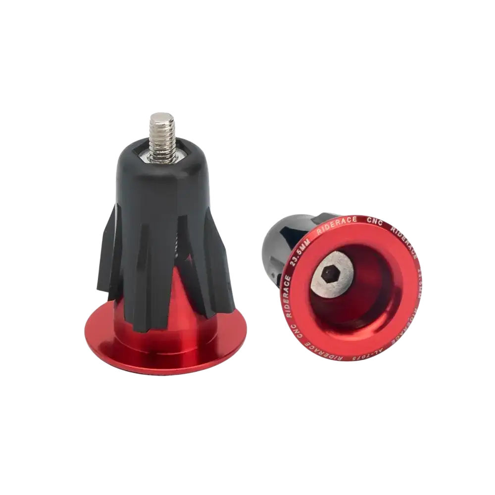 Aluminum bicycle handlebar end plugs pair in red and black with cnc-machined finish and threaded bolt for secure mounting