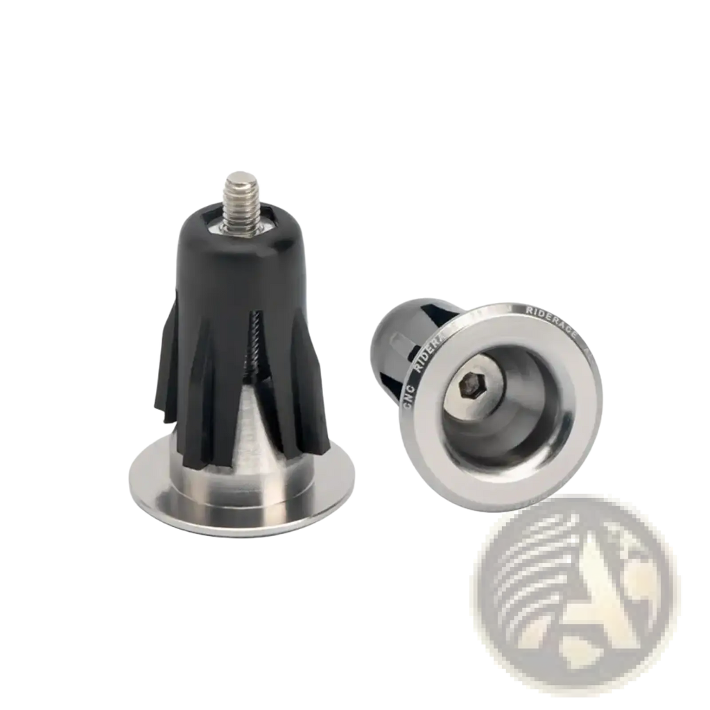 Aluminum bicycle handlebar end plugs pair in black and silver with sleek modern design shown from back side