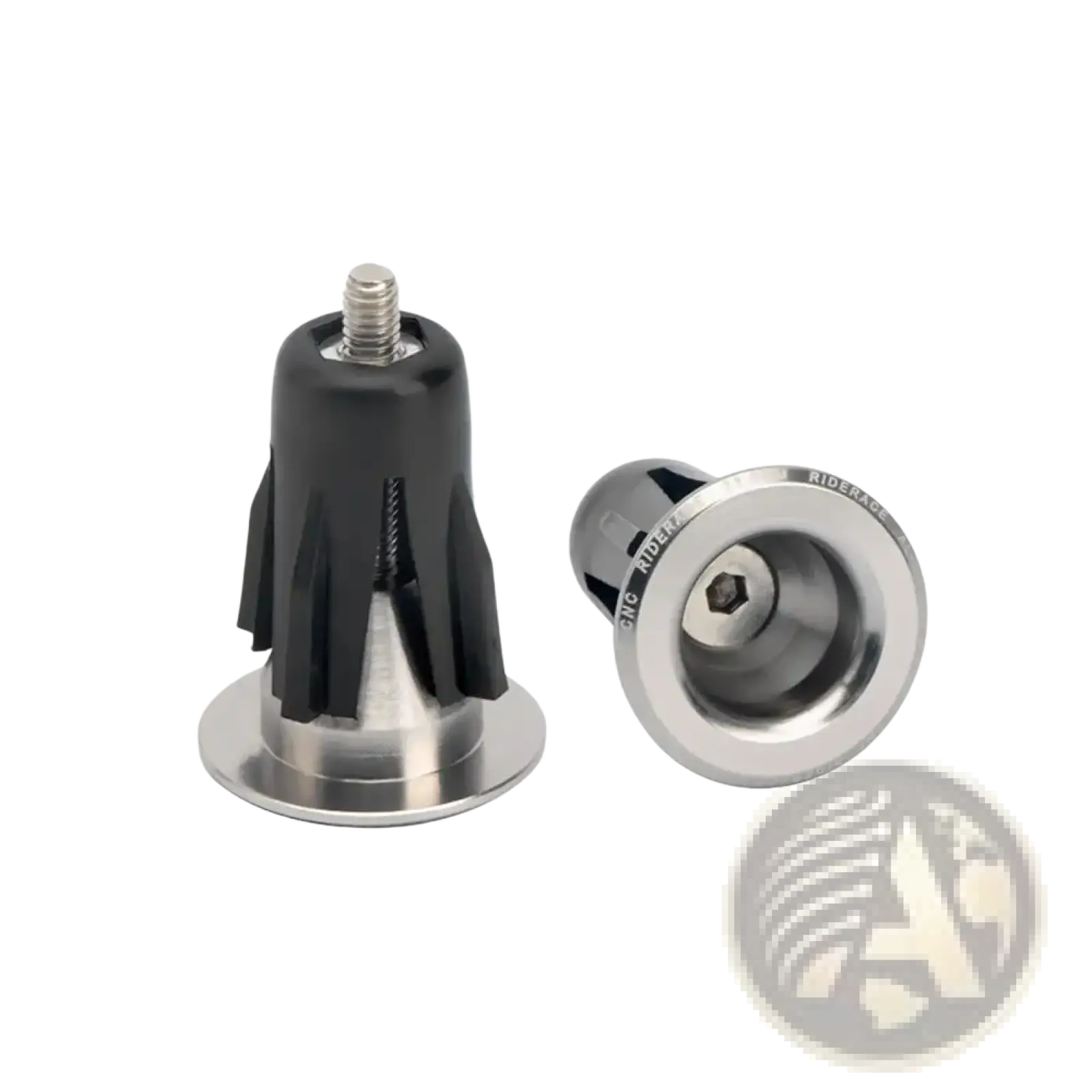 Aluminum bicycle handlebar end plugs pair in black and silver with sleek modern design shown from back side