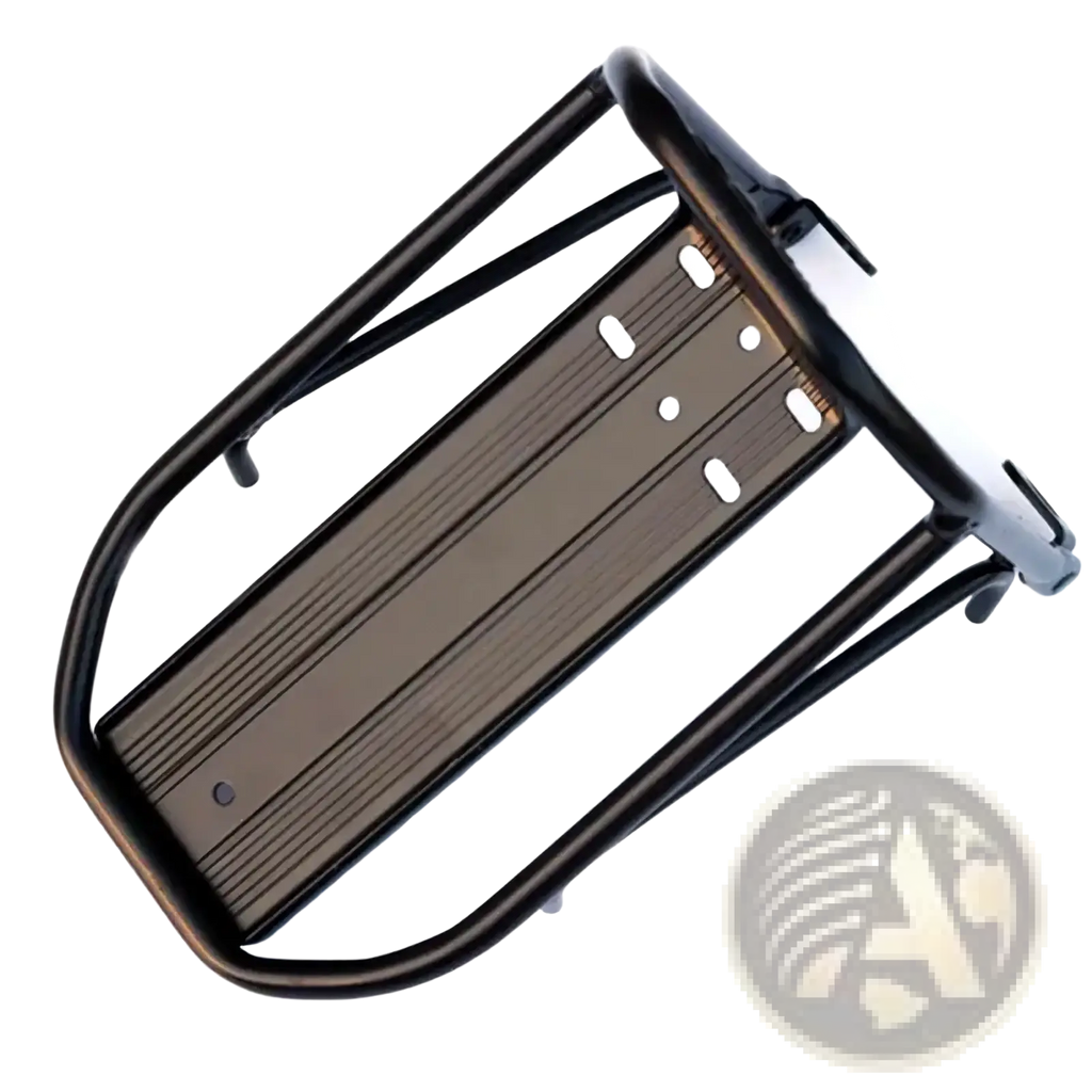 Black metal bicycle rear rack with textured ribbed platform and mounting brackets for cycling luggage carrier use