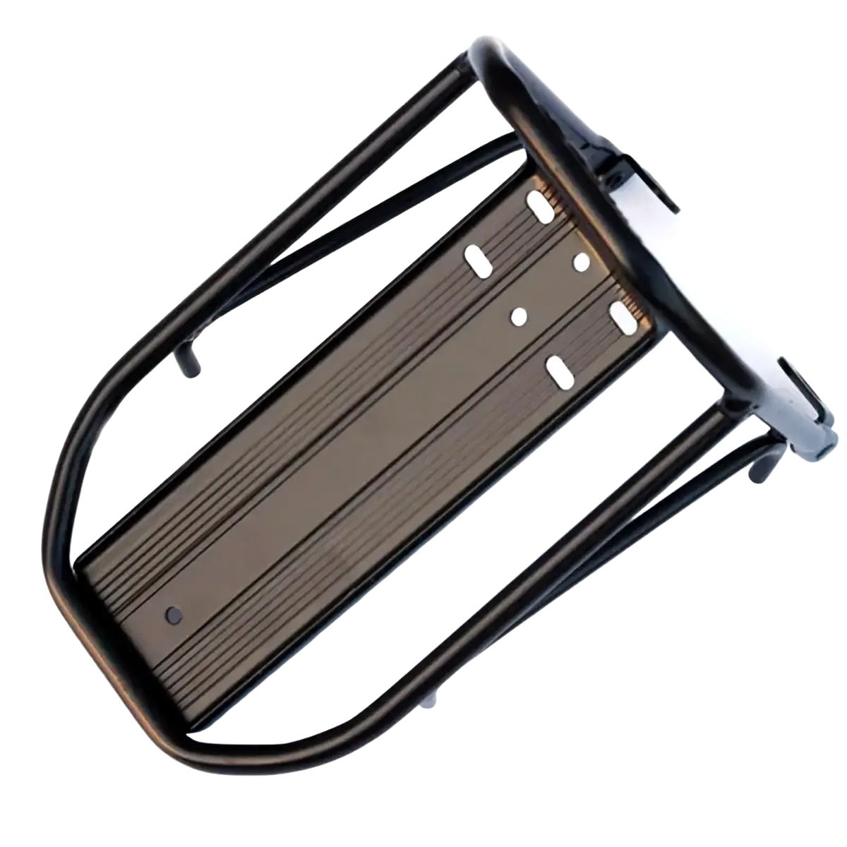 Black metal bicycle rear rack with textured ribbed platform and mounting brackets for cycling luggage carrier use
