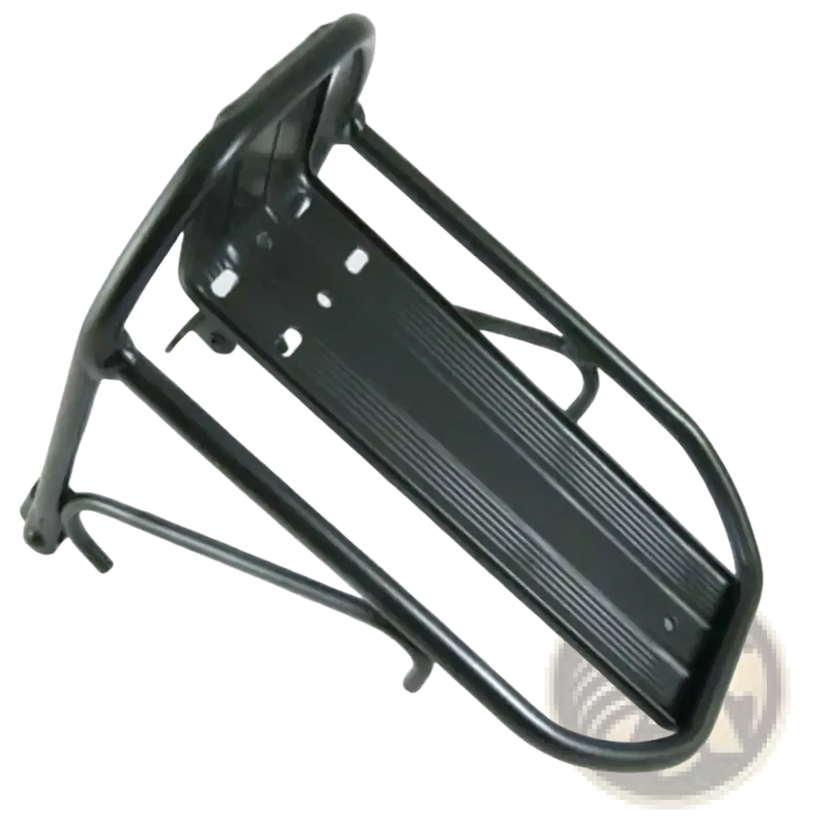 Black metal aluminum bike front rack with ribbed platform and curved frame for cycling luggage carrier