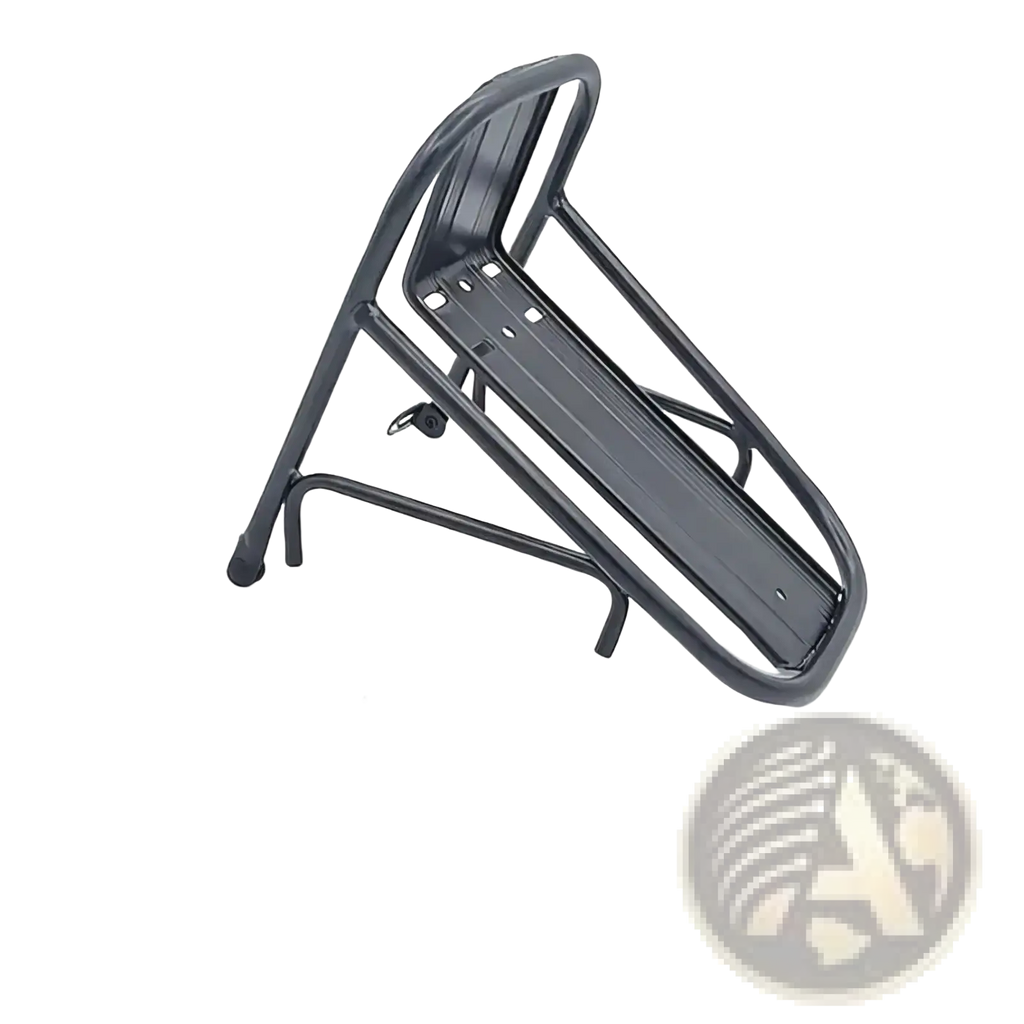 Black metal bicycle rear rack with sturdy frame and mounting hardware measuring 23cm x 22.5cm x 15.5cm for secure attachment