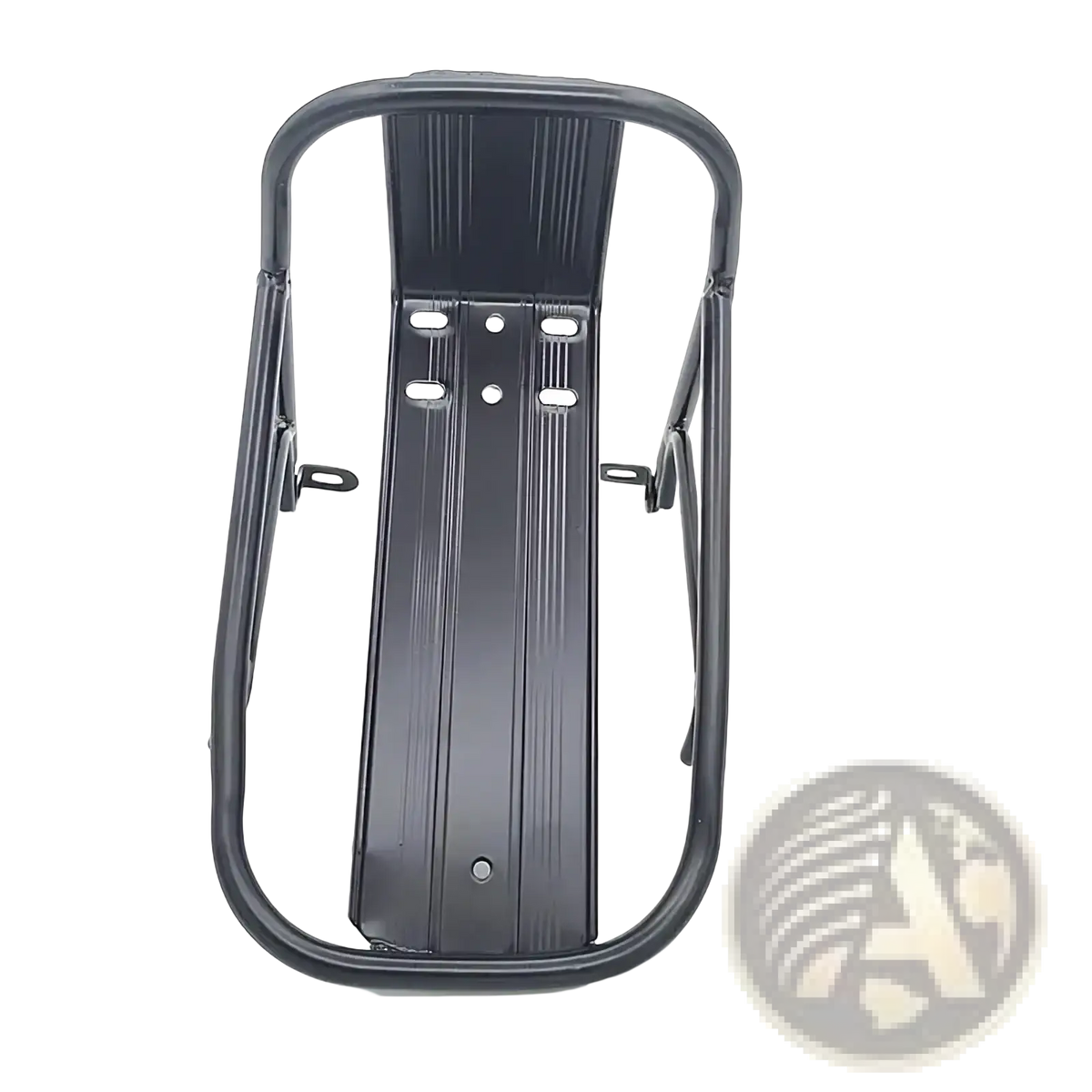 Black metal aluminum bike front rack with ribbed central plate and curved side frames for cycling luggage carrier