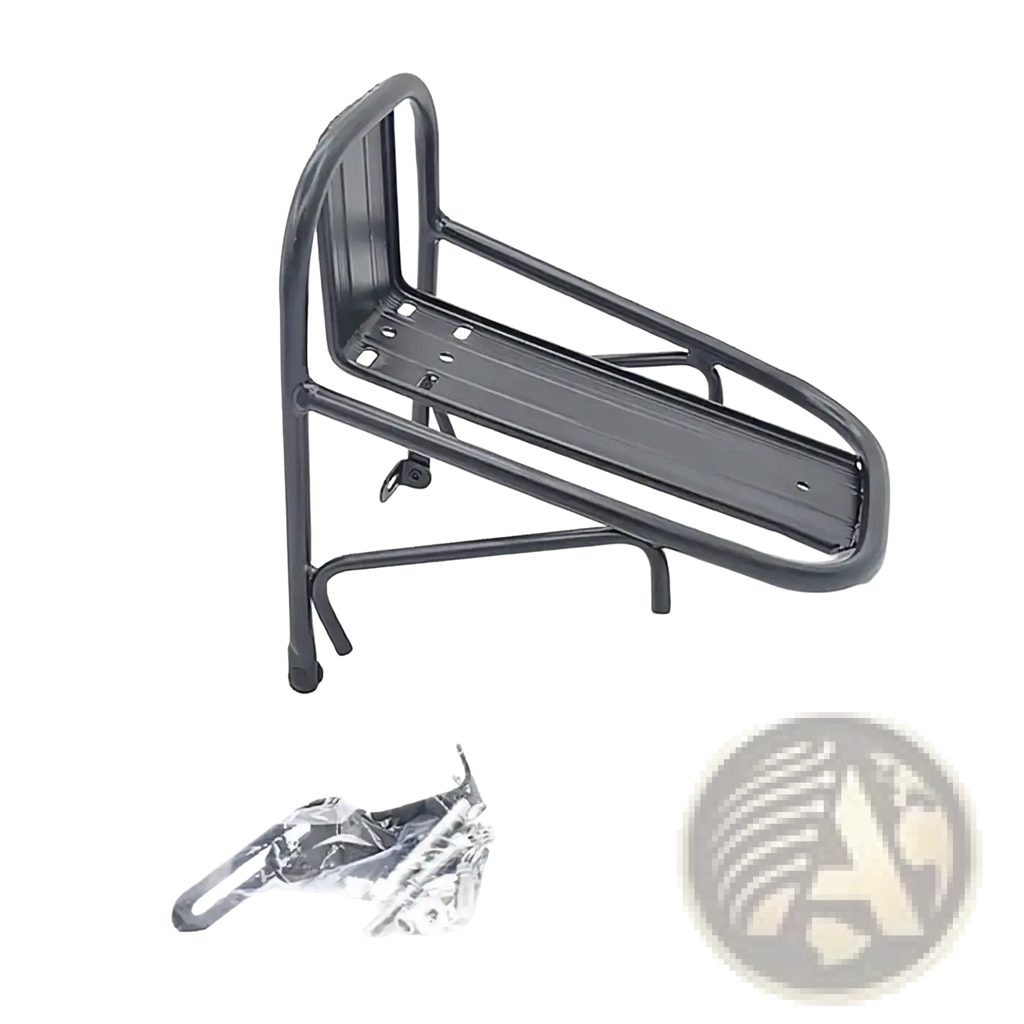 Black metal rear rack with flat platform and curved side supports shown from the back for aluminum bike front luggage carrier