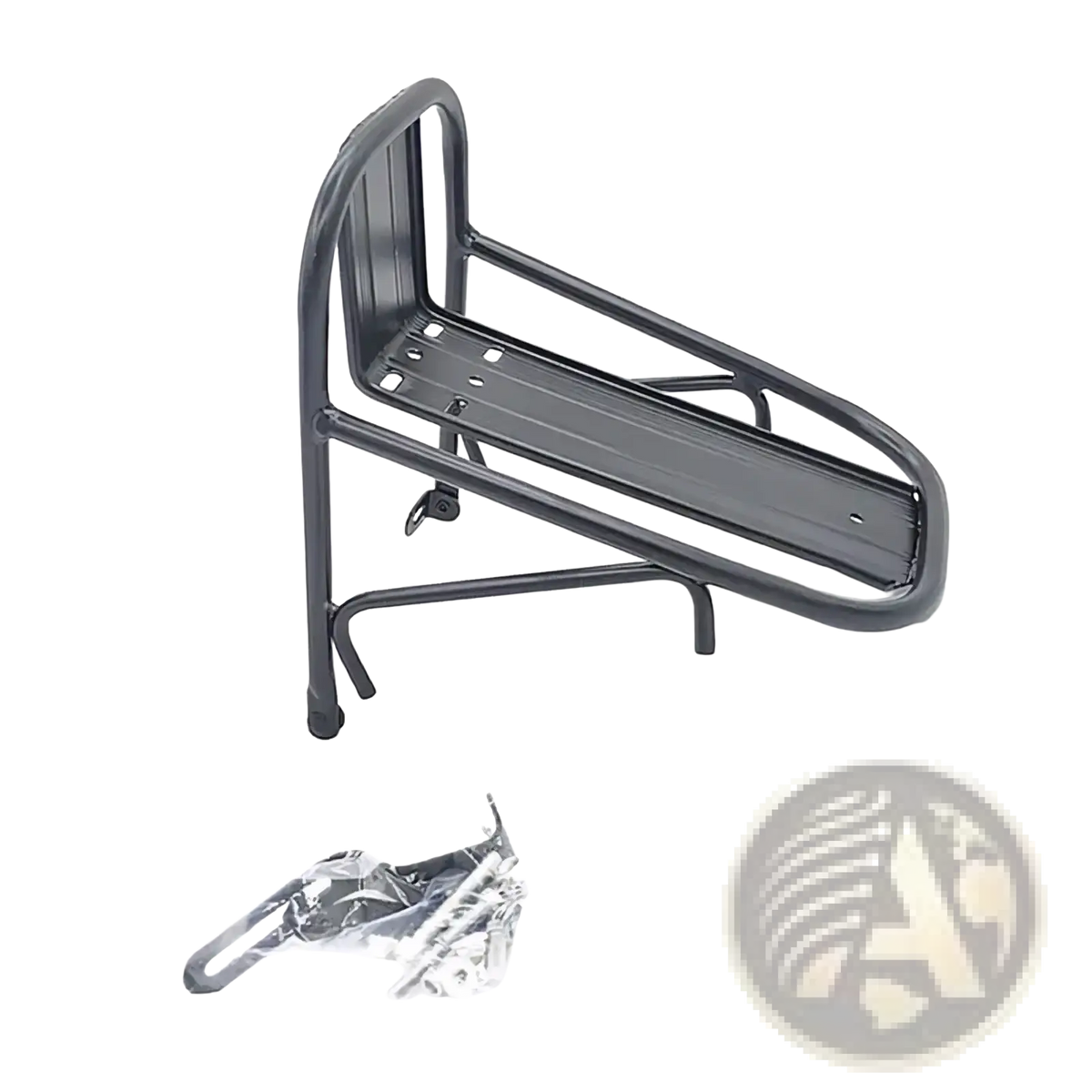 Black metal rear rack with flat platform and curved side supports shown from the back for aluminum bike front luggage carrier