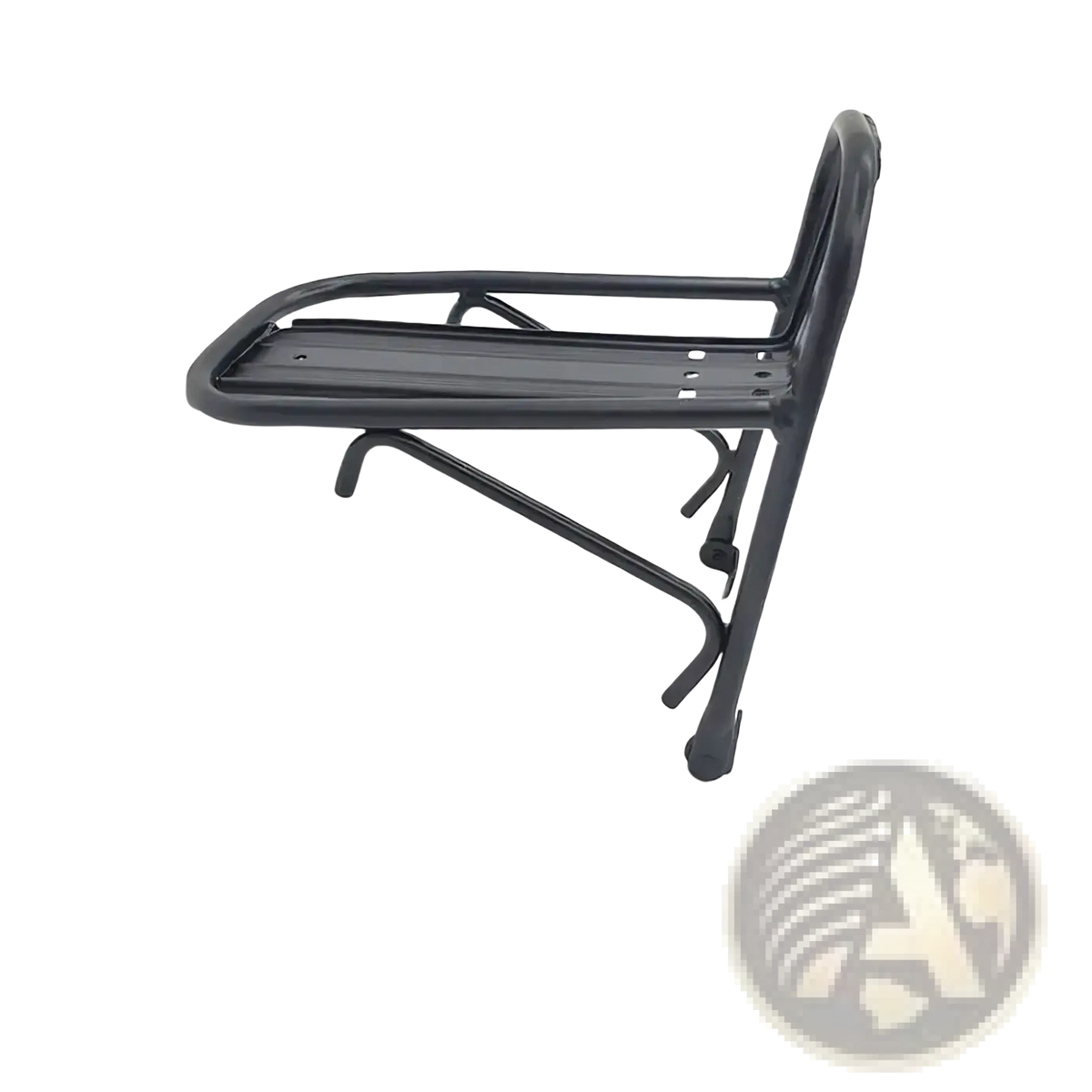 Black metal bicycle rear rack with flat slatted platform and curved support arms for cycling luggage carrier