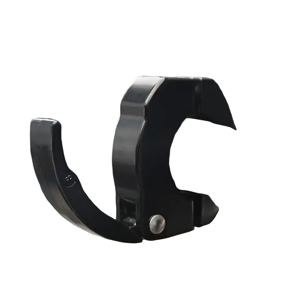 Black aluminum bike handlebar bag hook with curved metal clamp and visible screw fastening for scooters