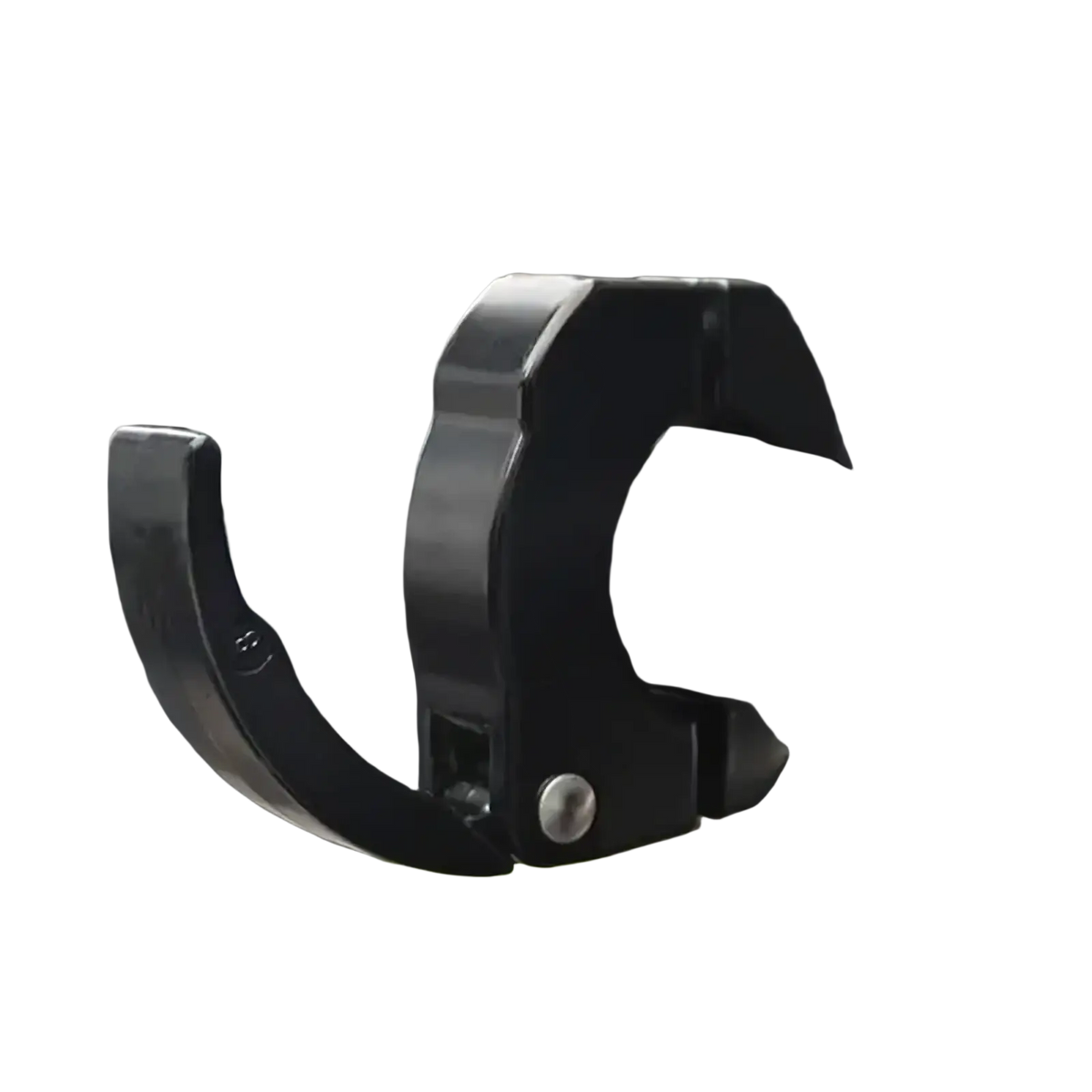 Black aluminum bike handlebar bag hook with curved metal clamp and visible screw fastening for scooters
