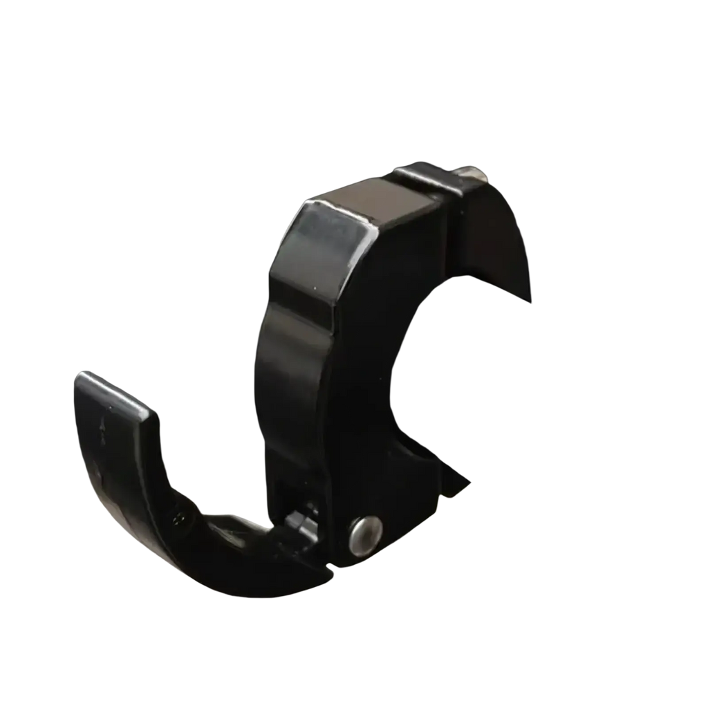 Black aluminum bike handlebar clamp with hook designed for attaching bags on scooters