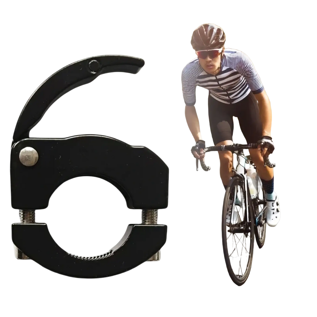Black metal aluminum bike handlebar bag hook with silver bolts and textured grips for scooters