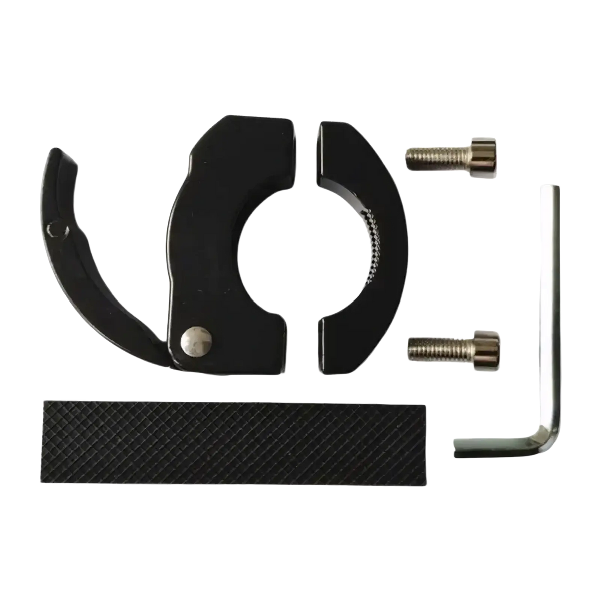Black aluminum bike handlebar bag hook with two adjustable metal clamps screws and an allen wrench for scooters