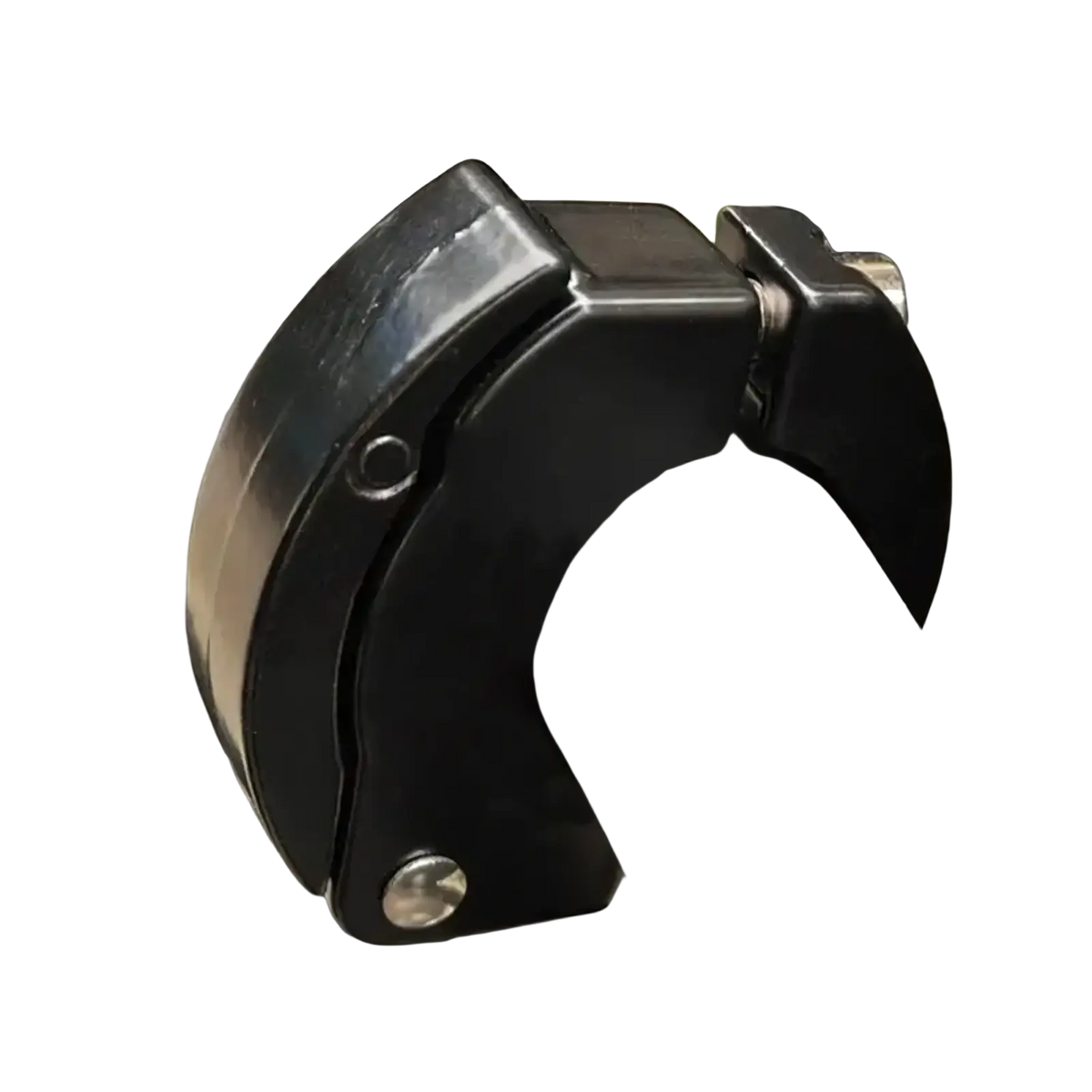 Black metal pipe clamp with screws securing grip on aluminum bike handlebar bag hook for scooters