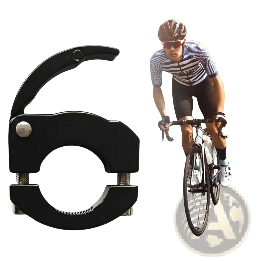 Black metal aluminum bike handlebar bag hook with silver bolts and textured grips for scooters
