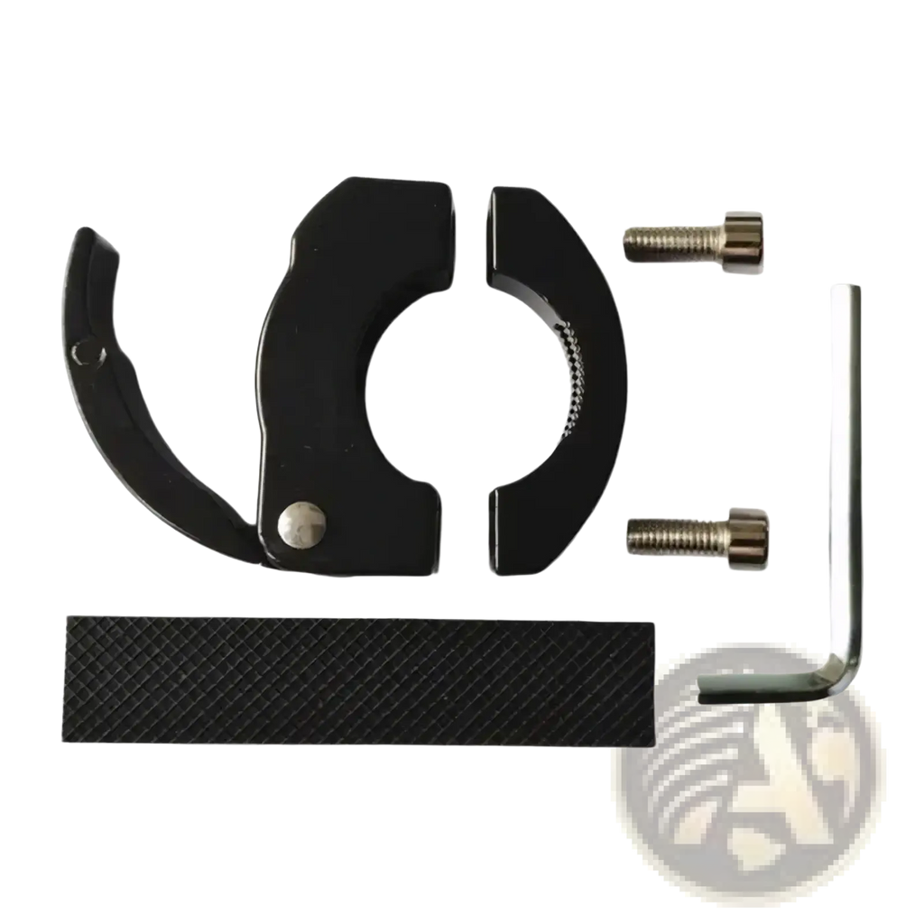 Black aluminum bike handlebar bag hook with two adjustable metal clamps screws and an allen wrench for scooters