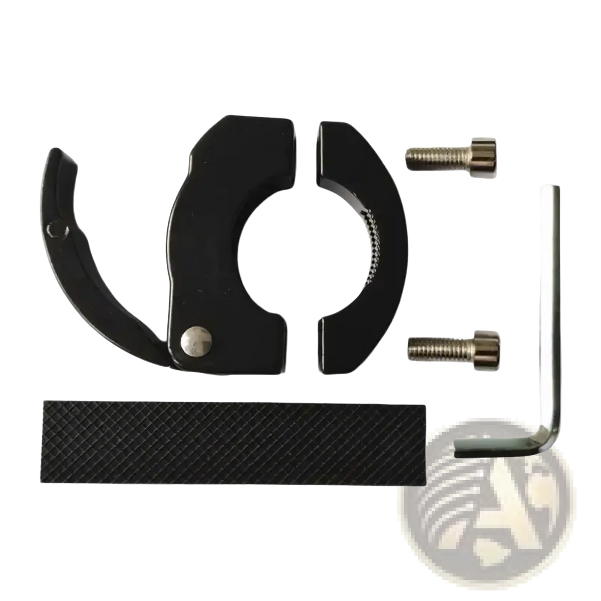Black aluminum bike handlebar bag hook with two adjustable metal clamps screws and an allen wrench for scooters