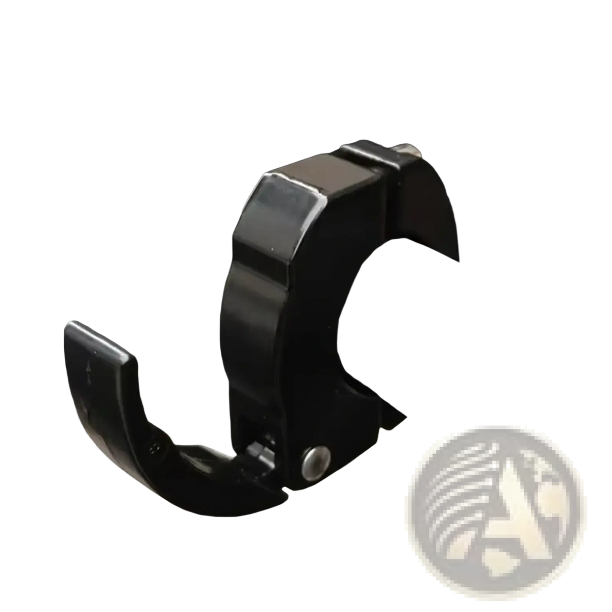 Black aluminum bike handlebar clamp with hook designed for attaching bags on scooters