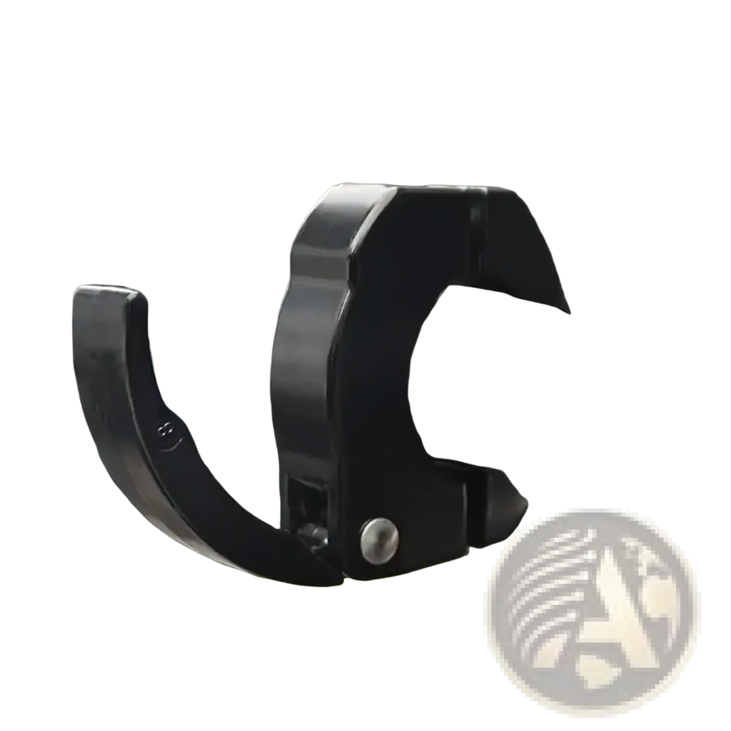 Black aluminum bike handlebar bag hook with curved metal clamp and visible screw fastening for scooters
