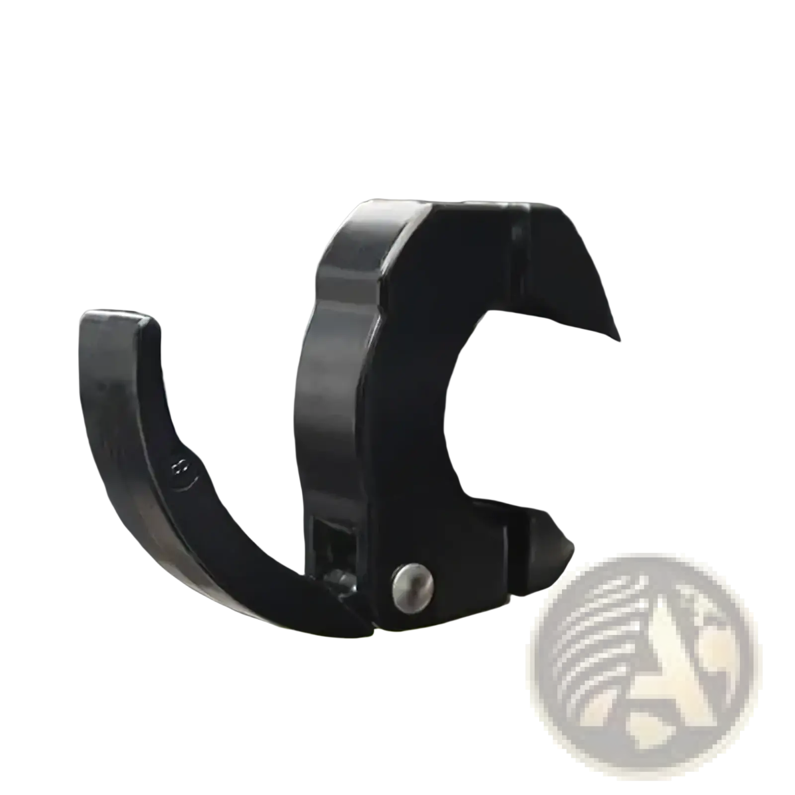 Black aluminum bike handlebar bag hook with curved metal clamp and visible screw fastening for scooters