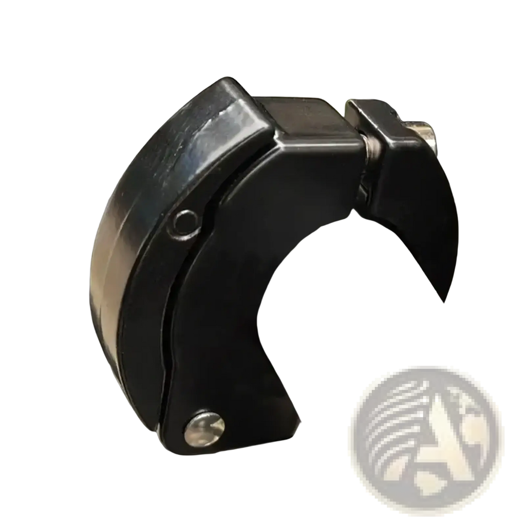 Black metal pipe clamp with screws securing grip on aluminum bike handlebar bag hook for scooters