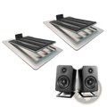 Black rectangular speakers with matte finish and two drivers each mounted on black aluminum desktop speaker stands 16° tilt pair