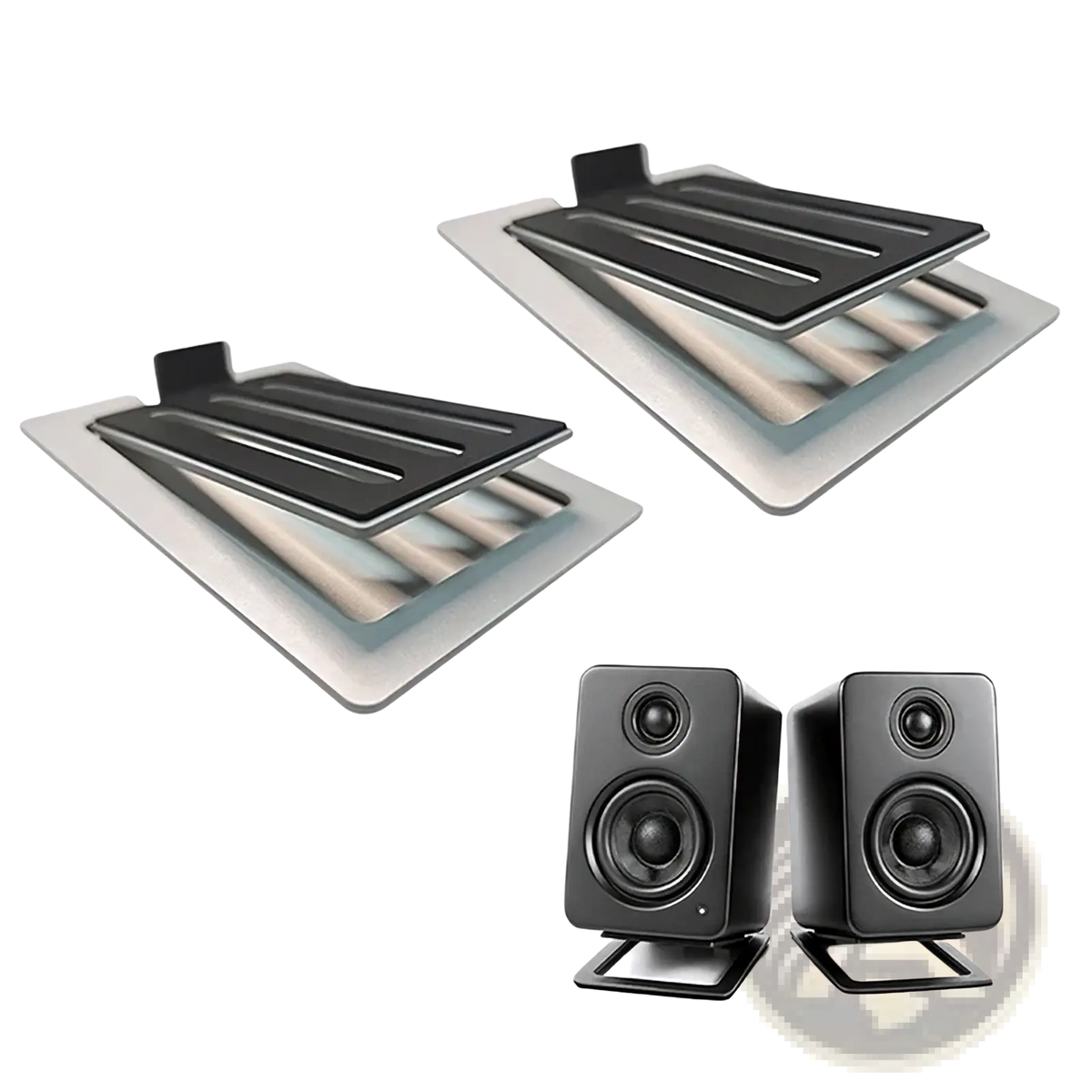 Black rectangular speakers with matte finish and two drivers each mounted on black aluminum desktop speaker stands 16° tilt pair