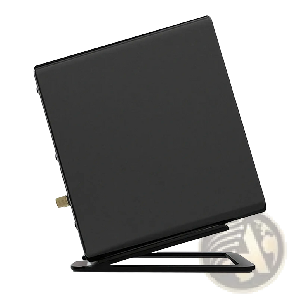 Black aluminum desktop speaker stand with sleek minimalist design metallic gold accent and 16 degree tilt angle