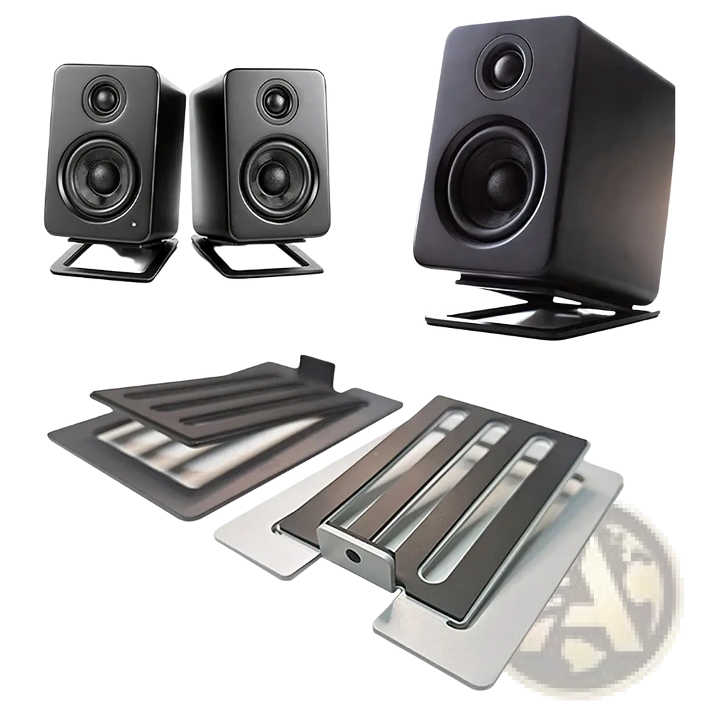 Black rectangular studio monitor speakers with two drivers on aluminum desktop speaker stands with 16° tilt pair