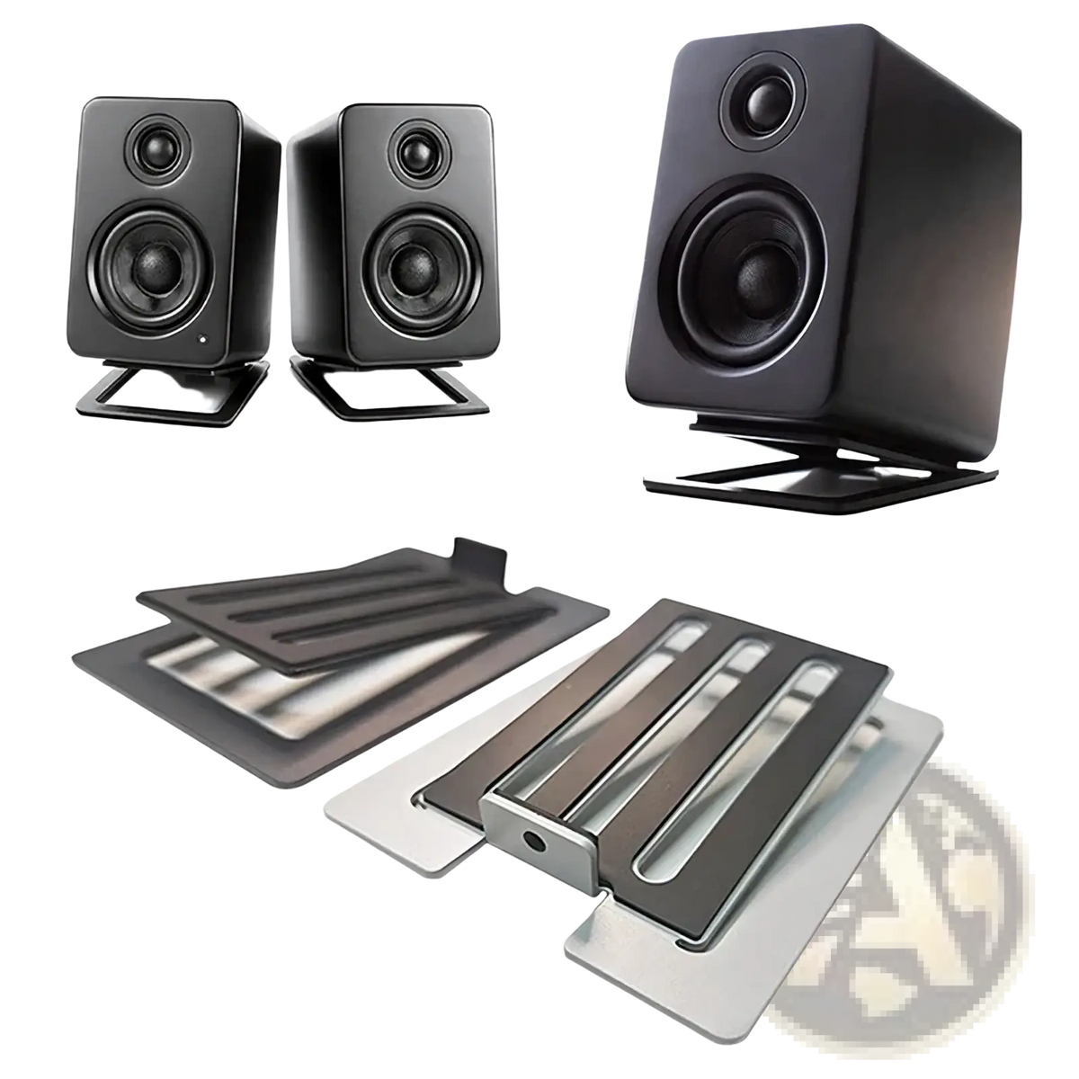 Black rectangular studio monitor speakers with two drivers on aluminum desktop speaker stands with 16° tilt pair